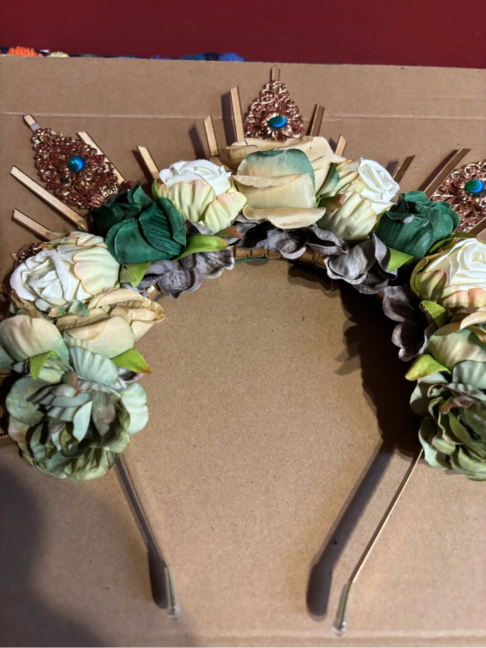 Floral Halo Crown Headband with Gold Accents - Green & Cream